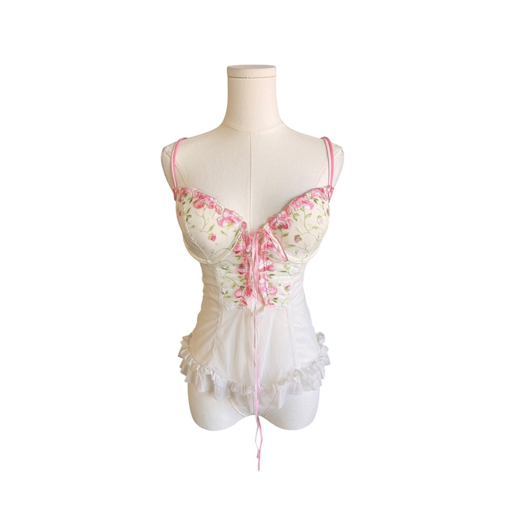 Delicates Floral Embroidered Mesh Corset Camisole Top White Pink Large